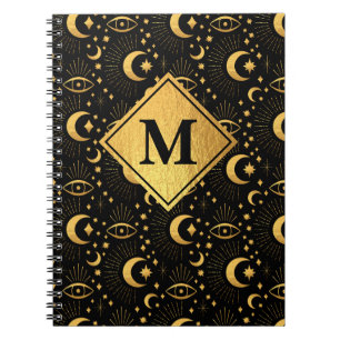 Celestial Black & Gold Stars Moon Muster Monogram Notizblock