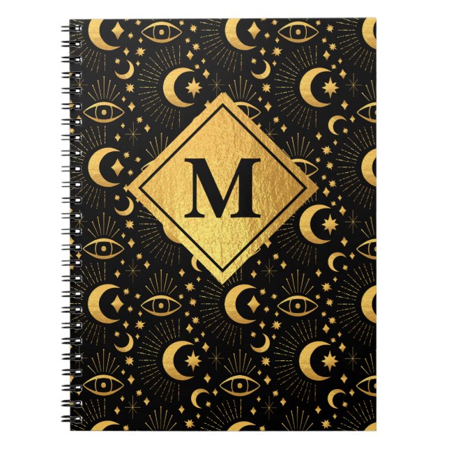 Celestial Black & Gold Stars Moon Muster Monogram Notizblock (Vorderseite)