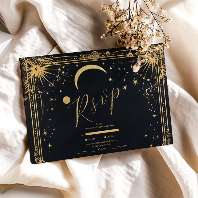 Celestial Black Gold Sun Moon Astronomie Hochzeit RSVP Karte (Von Creator hochgeladen)
