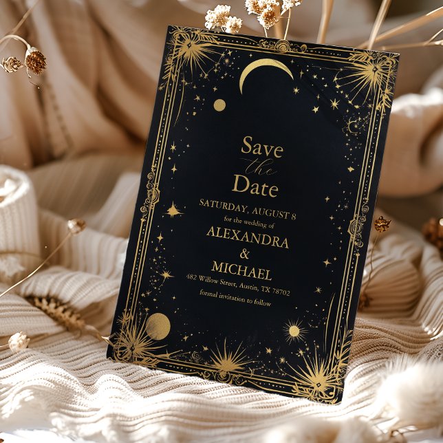 Celestial Black Gold Sun Moon Astronomie Hochzeit Save The Date (Von Creator hochgeladen)
