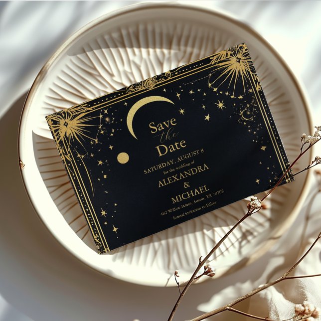 Celestial Black Gold Sun Moon Astronomie Hochzeit Save The Date (Von Creator hochgeladen)