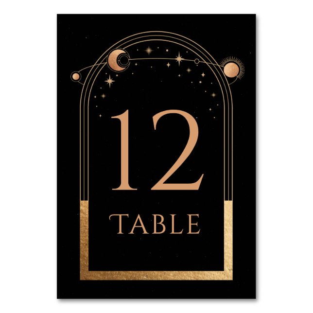 Celestial Black Gold Sun Moon Astronomie Hochzeit Tischnummer (Vorderseite)