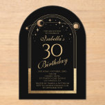 Celestial Black Gold Sun Moon Stars 30. Geburtstag Acryleinladungen<br><div class="desc">Celestial Black Gold Sun Moon Astronomie 30. Geburtstag Akrylus Einladungen bietet eine elegante goldene Sonne, Mond und Sterne mit einem goldenen Rahmen auf einem schwarzen Hintergrund. Im Inneren ist Ihre individuelle Einladung zum dreißigsten Geburtstag Informationen. Personalisieren Sie den Text in den Textfeldern, indem Sie ihn bearbeiten. Für Sie entworfen von...</div>