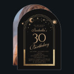 Celestial Black Gold Sun Moon Stars 30. Geburtstag Einladung<br><div class="desc">Celestial Black Gold Sun Moon Astronomie 30. Geburtstag Foto Einladungen bietet eine elegante goldene Sonne,  Mond und Sterne mit einem goldenen Rahmen auf einem schwarzen Hintergrund. Im Inneren ist Ihre individuelle Einladung zum dreißigsten Geburtstag Informationen. Auf der Rückseite fügen Sie Ihr Lieblings-Foto. Für Sie entworfen von Evco Studio www.zazzle.com/store/evcostudio</div>