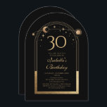 Celestial Black Gold Sun Moon Stars 30. Geburtstag Einladung<br><div class="desc">Celestial Black Gold Sun Moon Astronomie 30. Geburtstag Einladungen bietet eine elegante goldene Sonne, Mond und Sterne mit einem goldenen Rahmen auf einem schwarzen Hintergrund. Im Inneren ist Ihre individuelle Einladung zum dreißigsten Geburtstag Informationen. Personalisieren Sie den Text in den Textfeldern, indem Sie ihn bearbeiten. Für Sie entworfen von Evco...</div>