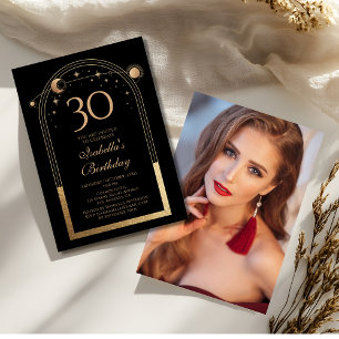 Celestial Black Gold Sun Moon Stars 30. Geburtstag Einladung