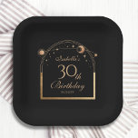 Celestial Black Gold Sun Moon Stars 30. Geburtstag Pappteller<br><div class="desc">Celestial Black Gold Sun Moon Astronomie 30. Geburtstag Papier Teller mit einer eleganten goldenen Sonne, Mond und Sternen mit einem goldenen Rahmen auf einem schwarzen Hintergrund. Im Inneren finden Sie Ihre persönlichen Informationen zum dreißigsten Geburtstag. Personalisieren Sie den Text in den Textfeldern, indem Sie ihn bearbeiten. Für Sie entworfen von...</div>
