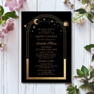 Celestial Black Gold Sun Moon Stars Quinceañera Einladung