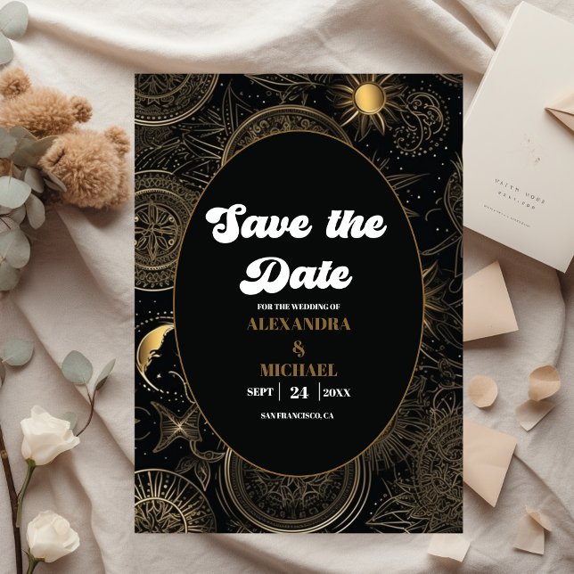 Celestial Black Gold Wedding Save The Date (Von Creator hochgeladen)