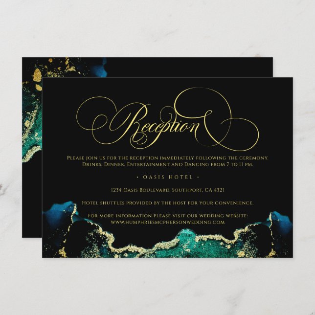 Celestial Black Green Gold Empfang Wedding Begleitkarte (Vorne/Hinten)