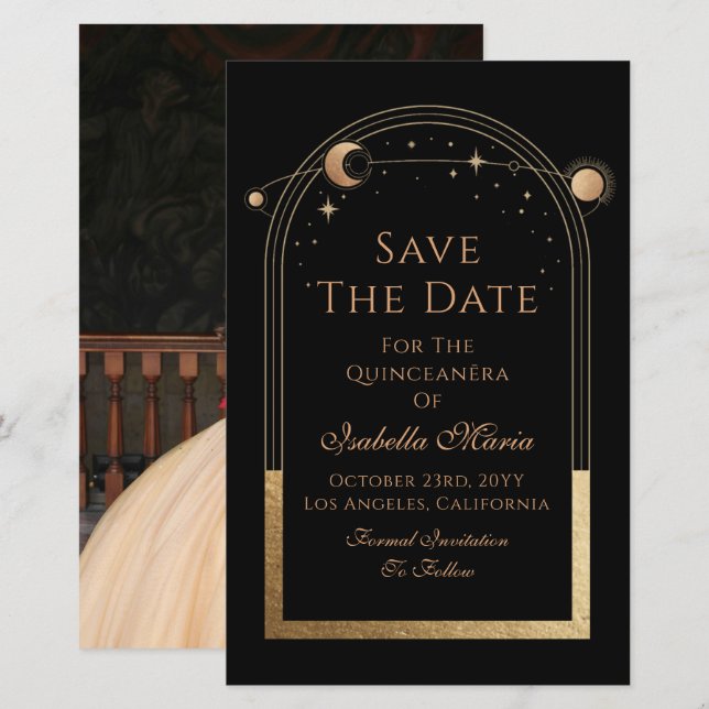 Celestial Black Save the Date Birthday Quinceanera (Vorne/Hinten)