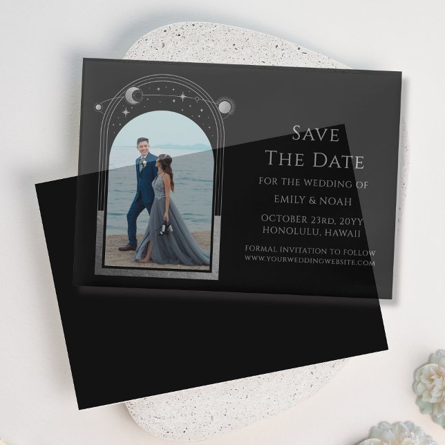 Celestial Black Silver Foto Wedding Save the Date (Von Creator hochgeladen)