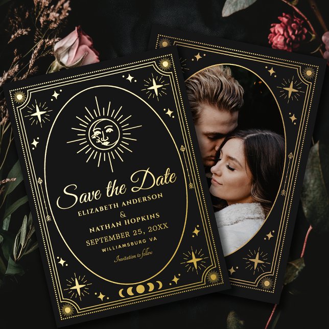 Celestial Black Tarot Wedding Foto Save the Date Folieneinladung (Von Creator hochgeladen)