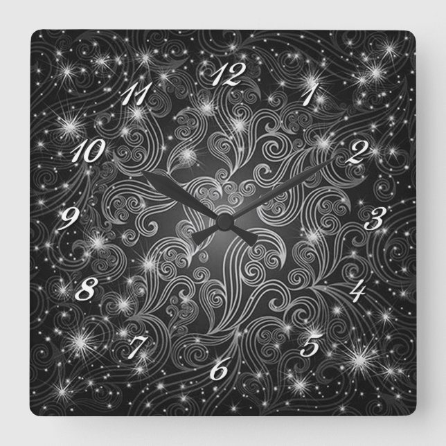 Celestial Black & White Wirbel & Stars Wall Clock Quadratische Wanduhr (Vorderseite)