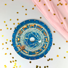 Celestial Blue Antique Gold Zodiac Wheel Astrologi Runder Pappuntersetzer
