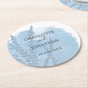 Celestial Blue Botanical Watercolor Wash Wedding Runder Pappuntersetzer