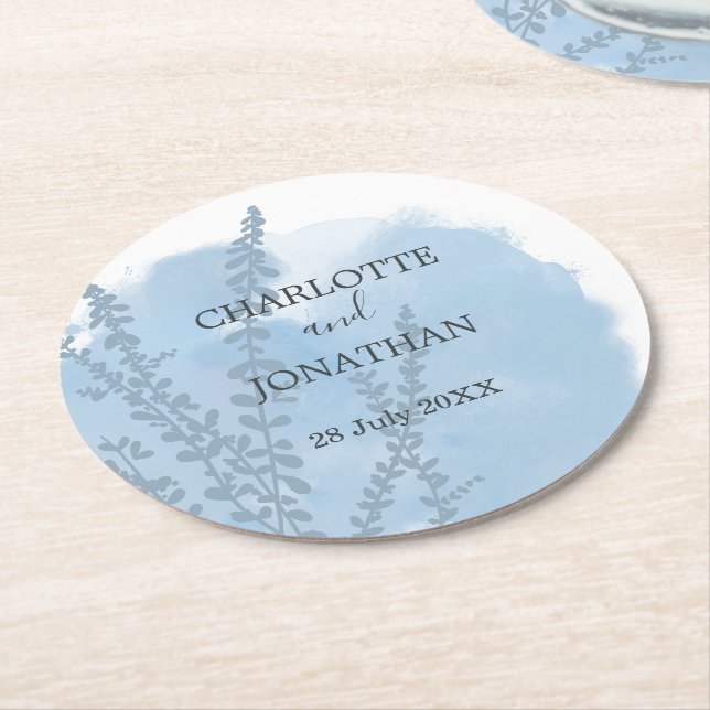 Celestial Blue Botanical Watercolor Wash Wedding Runder Pappuntersetzer (Angewinkelt)