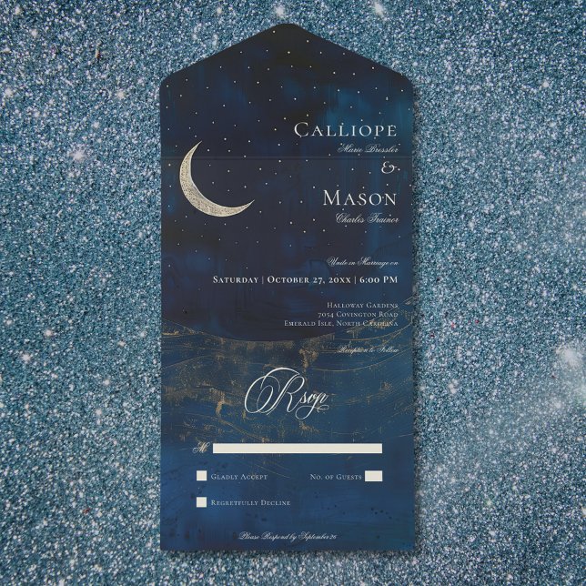 Celestial Blue Crescent Moon Hochzeit No Dinner All In One Einladung (Celestial Blue Crescent Moon Wedding No Dinner All In One Invitation)