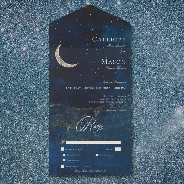 Celestial Blue Crescent Moon Hochzeitessen All In One Einladung (Celestial Blue Crescent Moon Wedding Dinner All In One Invitation)