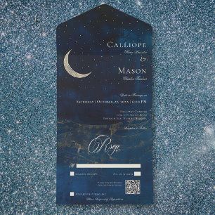 Celestial Blue Crescent Moon Wedding QR Code All In One Einladung