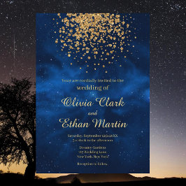 Celestial Blue Galaxy Gold Confetti Wedding Einladung
