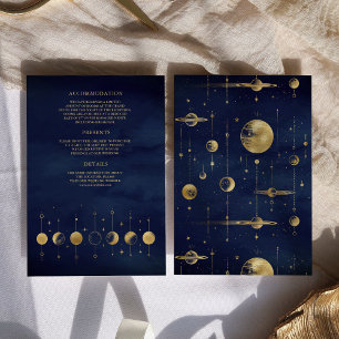 Celestial Blue Gold Crescent Moon Phases Wedding Begleitkarte