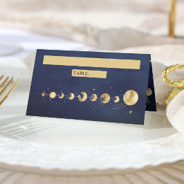 Celestial Blue Gold Crescent Moon Phases Wedding Platzkarte