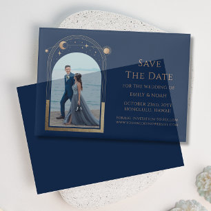 Celestial Blue Gold Foto Wedding Save the Date