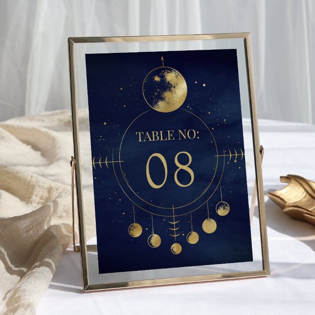 Celestial Blue Gold Moon Phases Wedding Tischnummer (Von Creator hochgeladen)