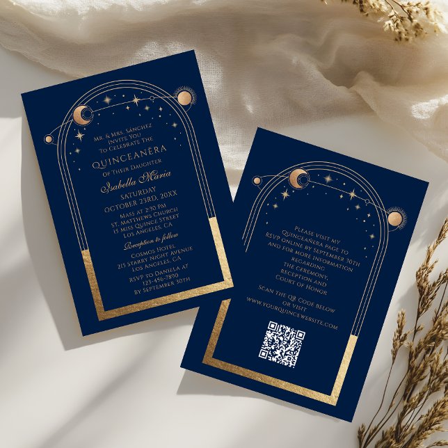 Celestial Blue Gold QR Code Quinceañera Einladung (Von Creator hochgeladen)