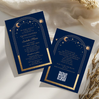 Celestial Blue Gold QR Code Quinceañera Einladung