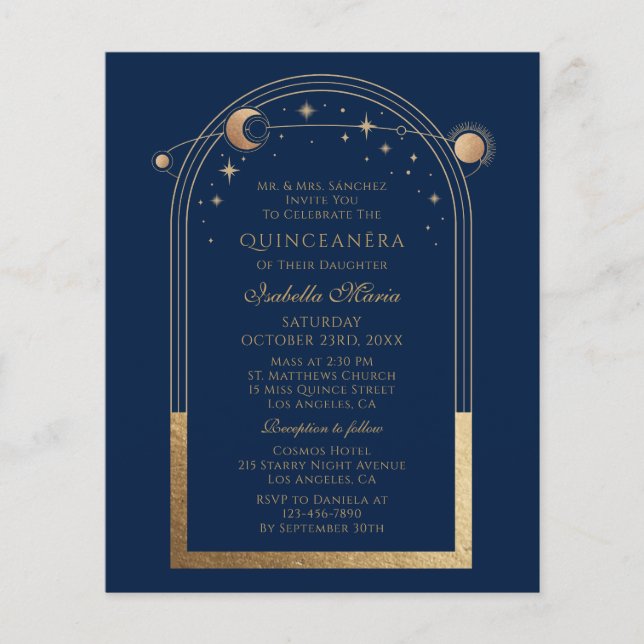 Celestial Blue Gold QR Code Quinceañera Flyer (Vorne)