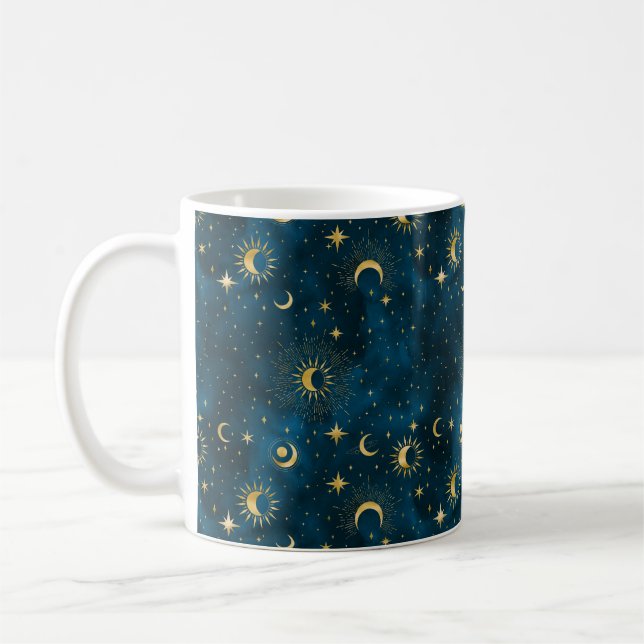 Celestial Blue & Gold Starry Night Crescent Moon Kaffeetasse (Links)