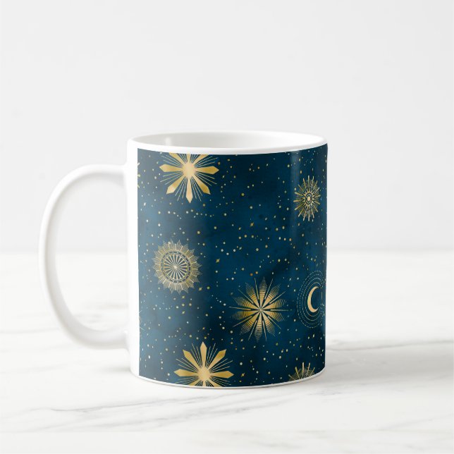 Celestial Blue & Gold Starry Night Crescent Moon Kaffeetasse (Links)