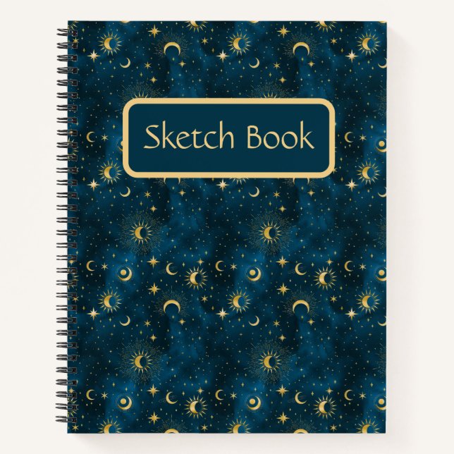 Celestial Blue & Gold Starry Night Sketch Book Notizbuch (Vorderseite)