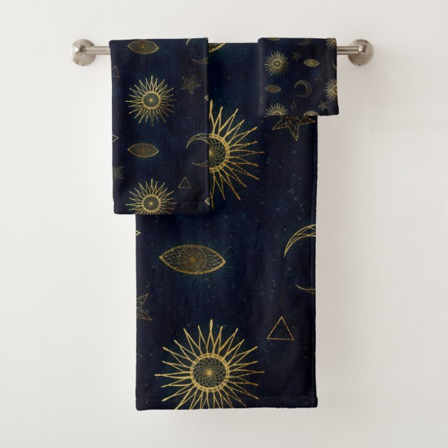 Celestial Blue Gold Sun Moon Stars Badhandtuch Set (Insitu)