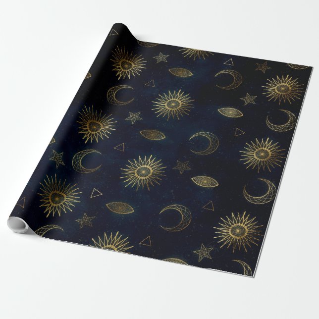 Celestial Blue Gold Sun Moon Stars Geschenkpapier (Ungerollt)