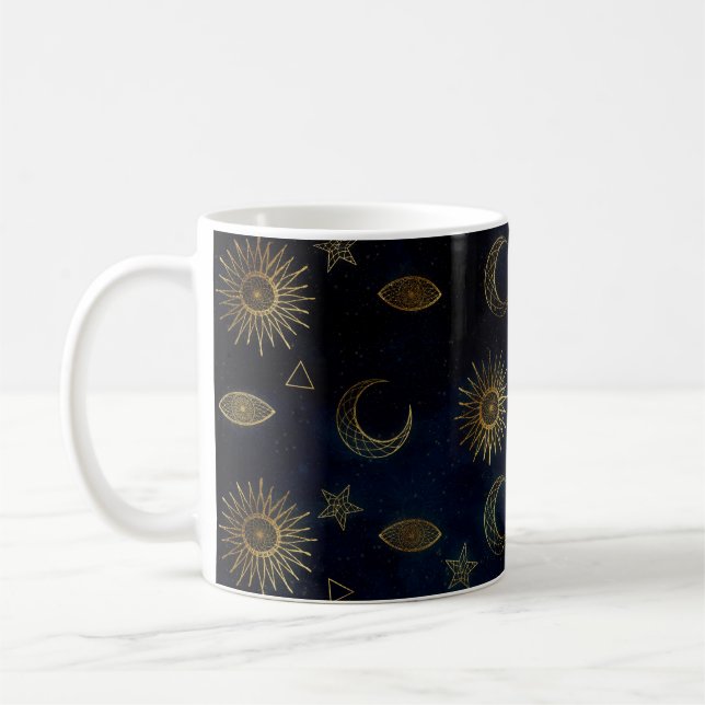 Celestial Blue Gold Sun Moon Stars Kaffeetasse (Links)