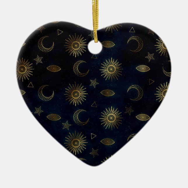 Celestial Blue Gold Sun Moon Stars Keramik Ornament (Vorne)