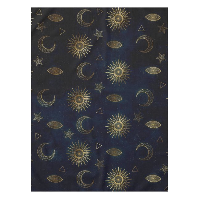 Celestial Blue Gold Sun Moon Stars Tischdecke (Vorderseite)