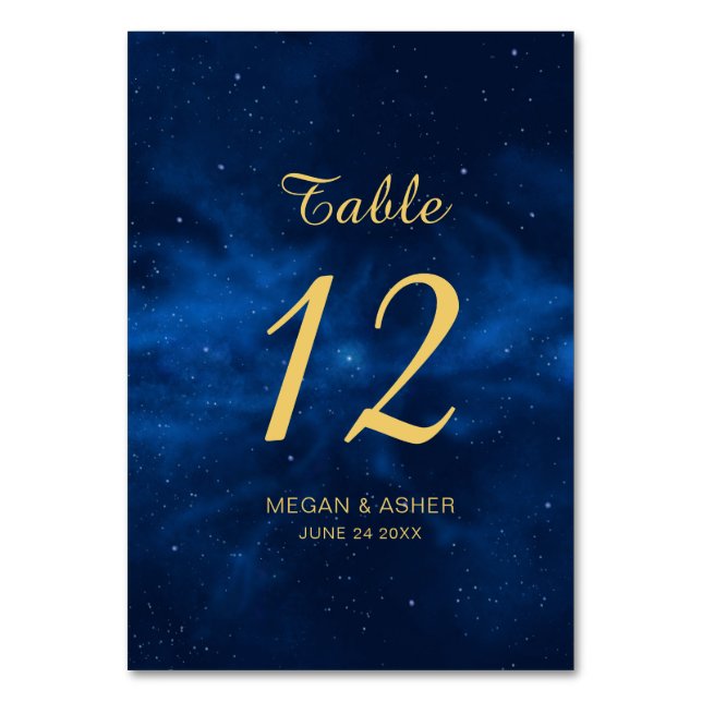 Celestial Blue Gold Universe Wedding Tischnummer (Vorderseite)