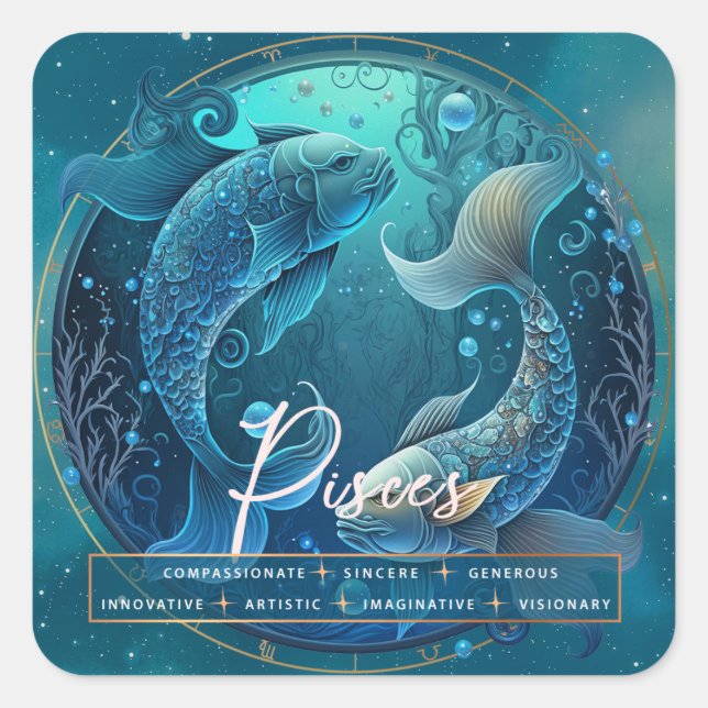 Celestial Blue Lila Fish Fisces Fantasy Zodiac Quadratischer Aufkleber (Vorderseite)