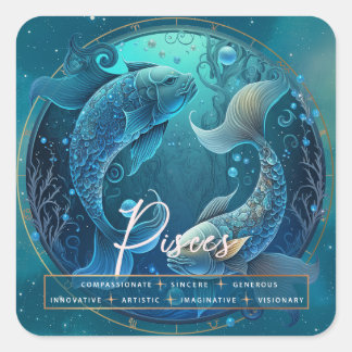 Celestial Blue Lila Fish Fisces Fantasy Zodiac Quadratischer Aufkleber