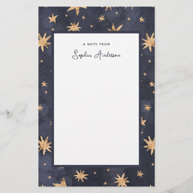 Celestial Blue mit Imitats Gold Stars Briefpapier (Vorderseite)