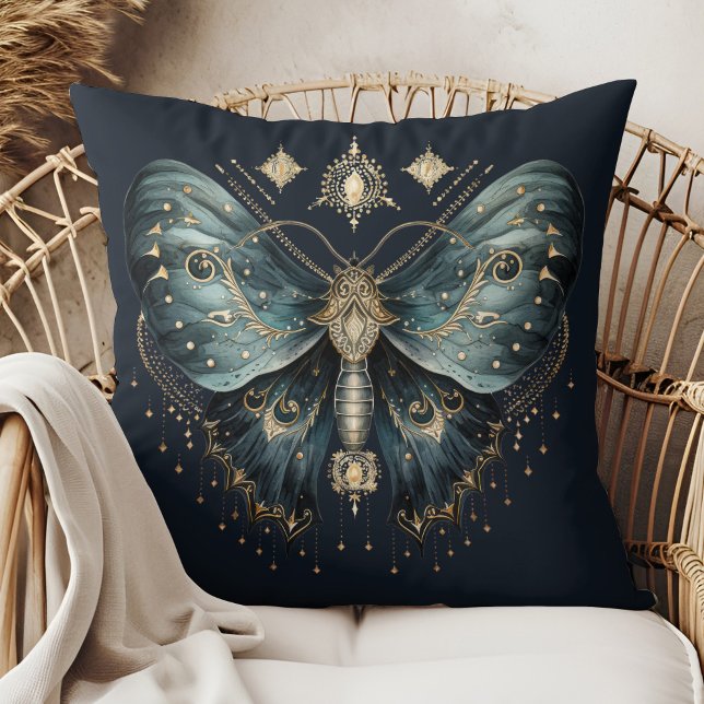 Celestial Blue Moth Witchmas Throw Pillow Kissen (Celestial Blue Moth Witchmas Throw Pillow in a boho rattan armchair.)