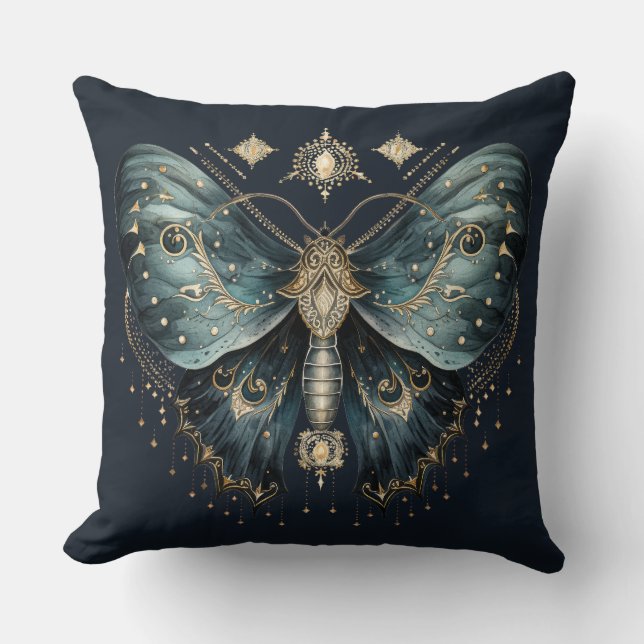 Celestial Blue Moth Witchmas Throw Pillow Kissen (Vorderseite)