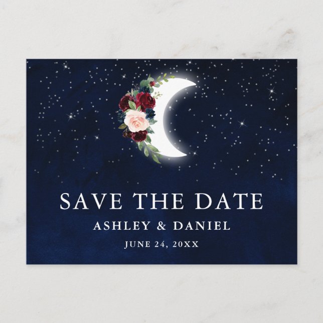 Celestial Blue Sky Floral Moon Save the Date Postkarte (Vorderseite)