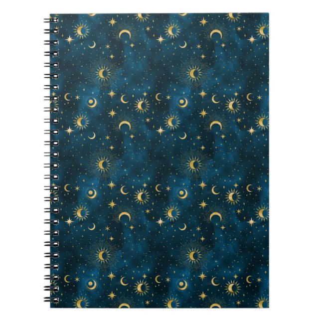 Celestial Blue und Gold Starry Night Crescent Moon Notizblock (Vorderseite)