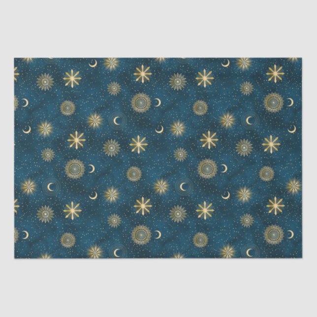 Celestial Blue und Gold Starry Night Crescent Moon Seidenpapier (Vorderseite)