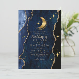 Celestial Blue Wedding Midnight Stars Moon Einladung